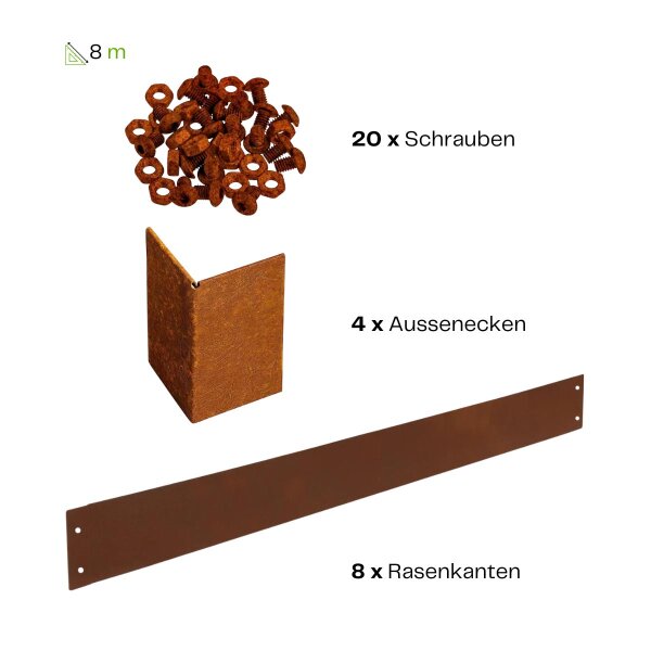 Set 1 - Rasenkante Cortenstahl 8m mit Ecken und Schrauben