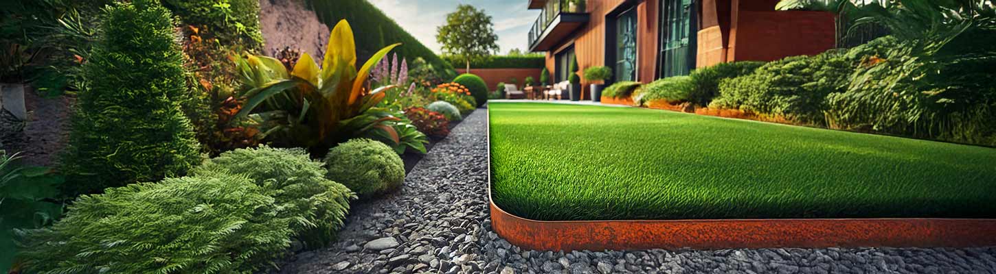 Flexibles Rasenkantenband aus Cortenstahl mit natürlicher Patina